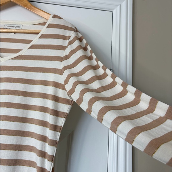 Coldwater Creek Women's Long Sleeve Striped Tan Cream Metallic Stripe Top Size L - Picture 3 of 13